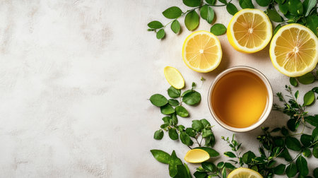 A serene arrangement featuring fresh lemon slices and a cup of herbal tea surrounded by green leaves. Ideal for wellness, refreshment, and healthy lifestyle themes.の素材