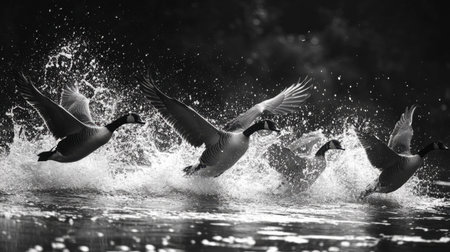 Stunning monochrome image capturing ducks taking flight over a water surface, creating dynamic splashes. A perfect representation of wildlife in motion.の素材