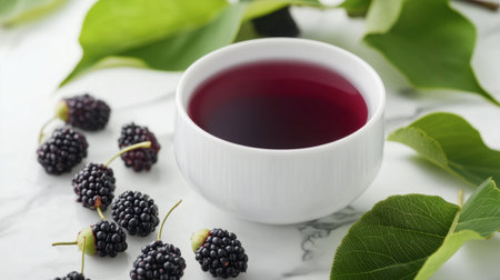 This vibrant image showcases a bowl of fresh berry tea, surrounded by blackberries and lush green leaves, perfect for wellness and relaxation themes.の素材