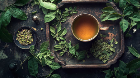 A calming scene featuring a cup of herbal tea on a rustic wooden tray, surrounded by fresh leaves and aromatic spices, perfect for wellness and relaxation.の素材