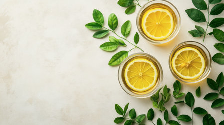 A visually appealing arrangement of lemonade glasses with lemon slices surrounded by fresh green leaves. Perfect for summer themes and refreshment.の素材