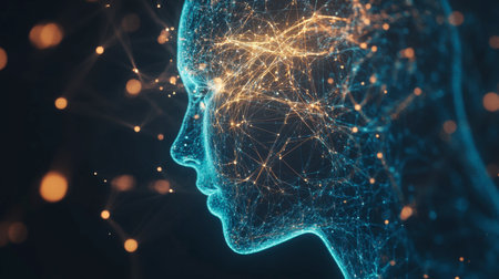 Futuristic human body hologram with interconnected neural pathways, representing health technology and digital medicineの素材