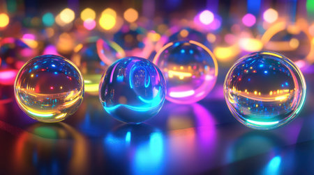 Futuristic digital wallpaper with glowing crystal render rings, transparent spheres, and colorful neon holographic lightsの素材