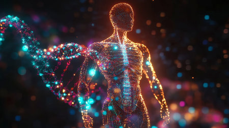 Glowing 3D model of a human body hologram with DNA strands and biotechnology elements in a futuristic medical interfacecの素材