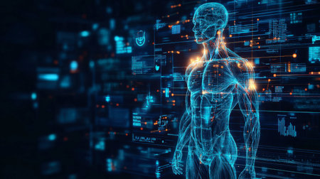 High-tech holographic human figure illuminated by futuristic rays, showcasing muscle structure and health innovation in medicineの素材