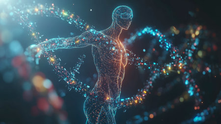 Glowing 3D model of a human body hologram with DNA strands and biotechnology elements in a futuristic medical interfacecの素材