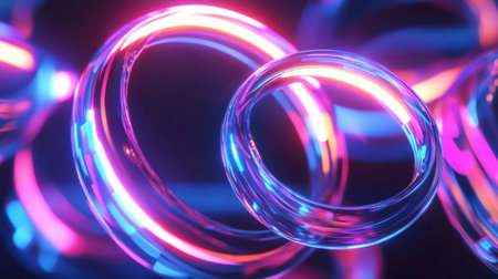 Glowing multicolored neon light reflections on floating glass rings, surreal digital futuristic backgroundの素材