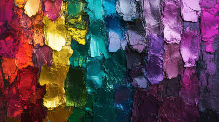 Metallic crushed paper reflecting colorful neon lights, creating a surreal modern abstract textureの素材