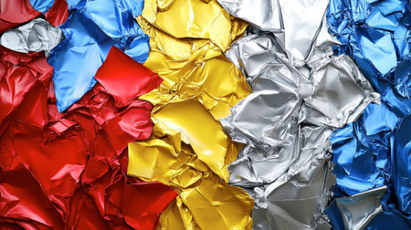 Modern abstract art: chaotic aluminum crumpled texture with an intense, psycho color paletteの素材