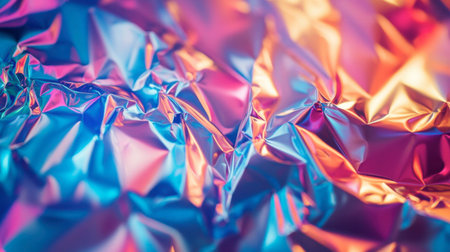 Psychedelic crushed aluminum foil close-up, reflecting intense, surreal colorful light patternsの素材
