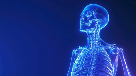Skeleton anatomy of a male human body in glowing blue X-ray style, 3D medical illustration with copy space on blue gradient backgroundの素材
