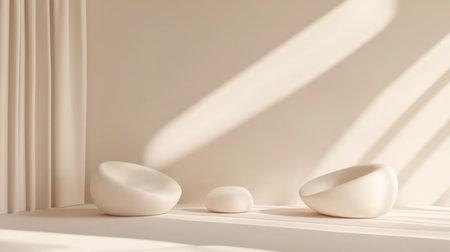Minimalist 3D abstract background with smooth curved shapes and soft shadows in neutral tonesの素材