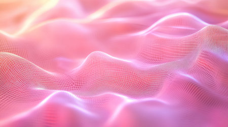 Soft glowing 3D wireframe lines weaving in an artistic pattern on a pastel pink background, modern and sleekの素材