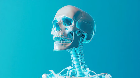 Realistic 3D rendering of a human skeleton with glowing blue effect, medical anatomy and osteology concept, empty space on blue backgroundの素材
