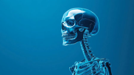 Realistic 3D rendering of a human skeleton with glowing blue effect, medical anatomy and osteology concept, empty space on blue backgroundの素材