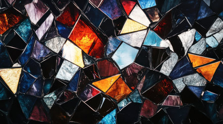 Shattered dark glass with sharp, irregular patterns, capturing a modern and edgy abstract aestheticの素材