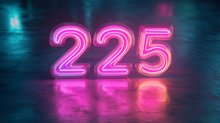 Stylish 3D neon numbers '2025' with a soft glowing effect, set against a dark background, celebrating the upcoming New Yearの素材