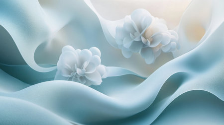 Surreal floating abstract spheres resembling flowers, arranged in a wavy organic pattern with a soft matte finishの素材