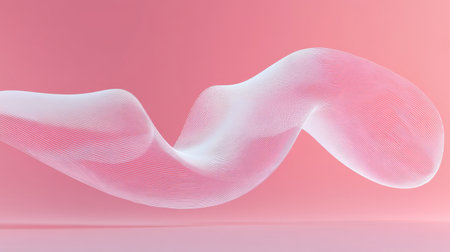 Abstract wave-like 3D lines in shades of pink and white floating over a gradient pink background, stylish and contemporaryの素材
