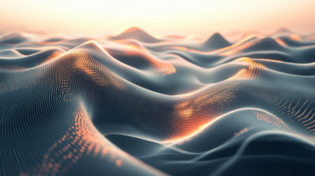 Abstract visualization of data streams with glowing 3D lines twisting and curving in a modern digital environmentの素材