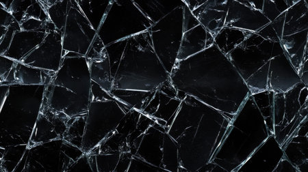 Broken glass surface with sharp, jagged cracks on a dark black background, dramatic abstract textureの素材