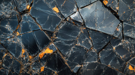 High-resolution macro shot of shattered black glass with chaotic fracture lines and deep contrastの素材