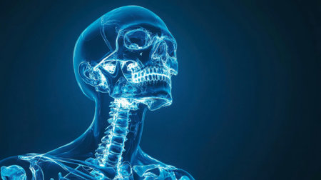 Glowing blue X-ray of a full male skeleton, futuristic medical imaging, healthcare and biology concept, copy space on blue backgroundの素材