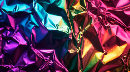 Vibrant and colorful wrinkled foil background featuring an iridescent shine. This abstract texture adds a modern and artistic flair to any design project.の素材