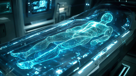 This image depicts a transparent medical pod featuring a holographic representation of a human body, showcasing advanced technology and futuristic design.の素材