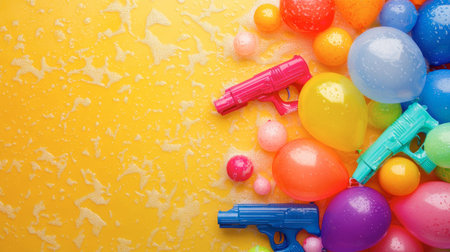 A vibrant arrangement of colorful water guns and balloons on a bright yellow surface, surrounded by playful bubbles, evoking a sense of summer fun and celebration.の素材