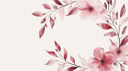 Soft watercolor illustration featuring pink flowers and delicate leaves forming a beautiful frame. Ideal for various design projects and floral-themed decor.の素材