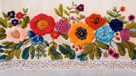 Beautifully crafted floral hand embroidery featuring vibrant colors and intricate lace detailing, perfect for showcasing craftsmanship and artistic design.の素材