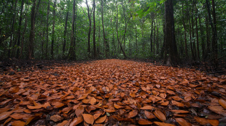 A serene forest path blanketed with vibrant autumn leaves, surrounded by lush greenery and tall trees. Perfect for nature lovers and outdoor enthusiasts.の素材