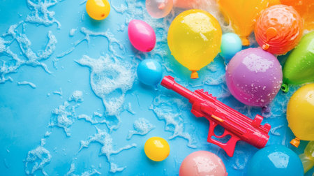 A vibrant scene featuring colorful balloons and a bright water gun, surrounded by foamy water droplets, capturing the essence of summer fun and playful activities.の素材