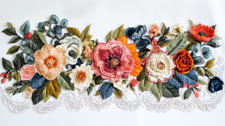 This image showcases a vibrant, intricately embroidered floral arrangement accented with lace, perfect for art and craft inspiration or home decor projects.の素材