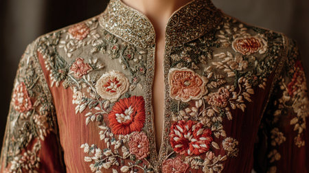 Discover the beauty of an elegant embroidered dress adorned with intricate floral patterns, perfect for fashion, artistic, and cultural themes.の素材