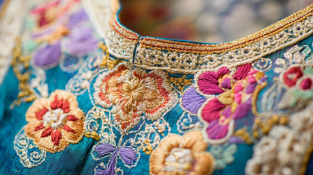 This close-up image showcases intricate floral embroidery on vibrant fabric, highlighting traditional craftsmanship and colorful design elements.の素材