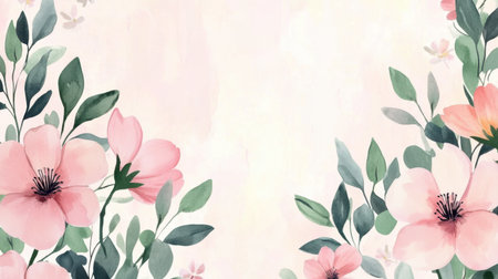 This soft watercolor floral design features delicate pink flowers paired with lush greenery, creating a tranquil and elegant background suitable for various artistic projects.の素材