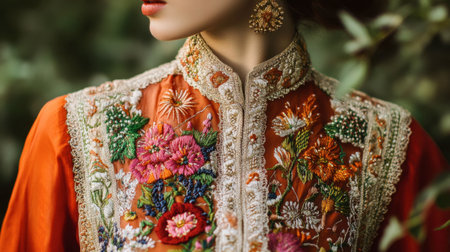 A stunning close-up of an elegant orange embroidered dress adorned with vibrant floral designs. The intricate details and accessories enhance the beauty and grace of the attire.の素材
