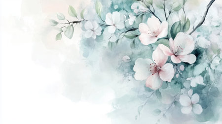 A serene watercolor image depicting delicate blossoms and soft foliage. This artwork captures the essence of spring and tranquility, perfect for various design projects.の素材