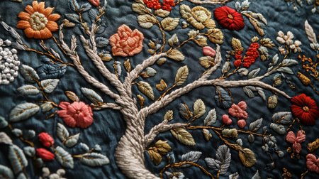 Explore the beauty of intricate floral embroidery showcasing vibrant colors and a detailed tree design, perfect for art lovers and textile enthusiasts.の素材