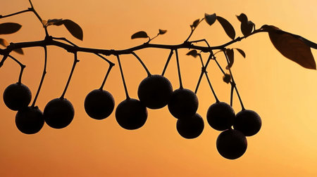 A striking silhouette of citrus fruits hanging on a branch against a vibrant orange sunset sky. This image captures the essence of nature's beauty.の素材