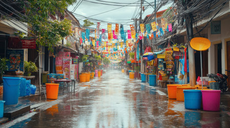 A vibrant street scene after rain showcases colorful decorations and reflections in puddles, creating a tranquil and picturesque urban atmosphere.の素材