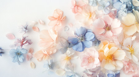 This image showcases a gentle arrangement of soft pastel flowers, creating a serene and delicate vibe perfect for nature-themed designs or calming decor.の素材