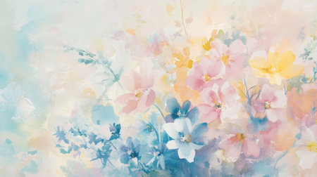 A serene watercolor abstract showcasing soft pastel florals. This delicate artwork features gentle blossoms in various hues, creating a peaceful and inspiring atmosphere.の素材