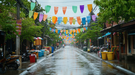A peaceful street scene during a light rain, adorned with colorful flags and lush green trees, showcasing a vibrant and tranquil atmosphere for exploration.の素材