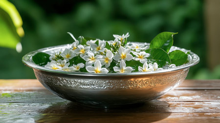A stunning silver bowl brimming with delicate white flowers and vibrant green leaves, set against a soft, blurred green backdrop, captures a serene moment of nature's beauty.の素材