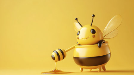 A cheerful cartoon bee character playfully interacts with a honey dipper on a vivid yellow background, embodying joy and sweetness in a whimsical design.の素材