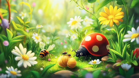 A delightful scene showcasing a ladybug, bees, and blooming flowers in a vibrant garden. Radiant colors and soft sunlight create a magical atmosphere of nature's charm.の素材