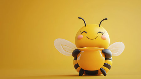 This adorable cartoon bee character with a honey pot brings joy and brightness. Set against a vivid yellow backdrop, it symbolizes nature's sweetness and charm.の素材
